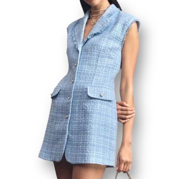 Maeve Anthropologie 2 Light Blue Tweed Sleeveless Mini Dress Blazer Parisian - Picture 1 of 7